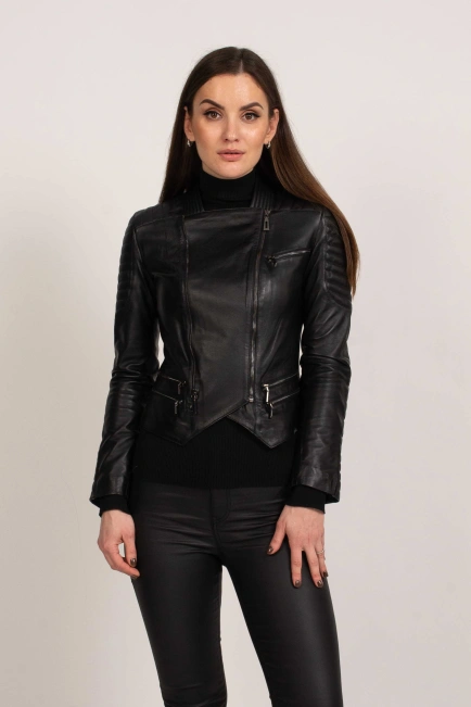 Жіноча шкіряна куртка байкерська-1