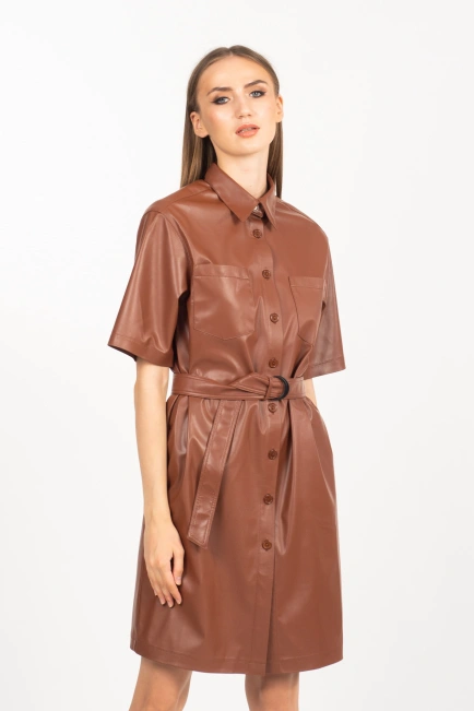 Жіноча сукня з еко-шкіри в коричневому кольорі-1