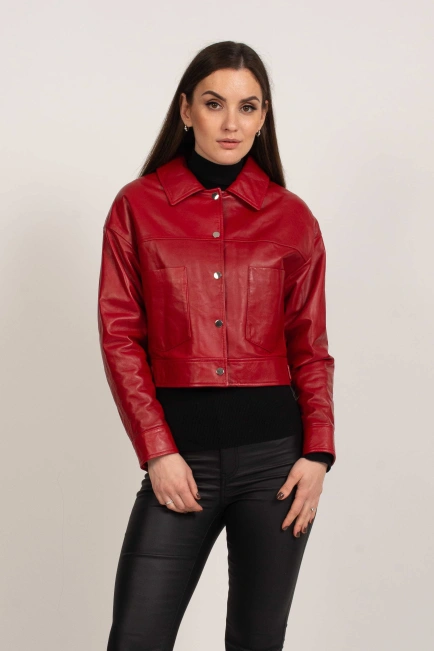 Укорочена шкіряна куртка червона-1