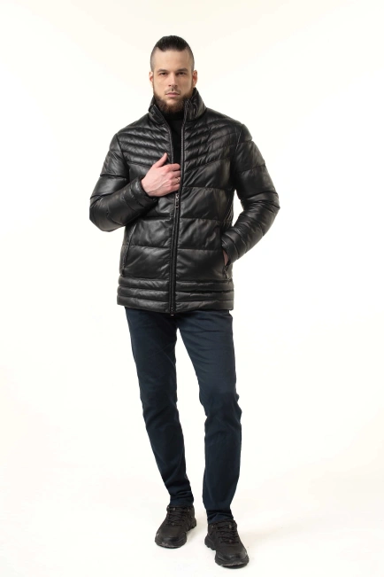 Чоловічий шкіряний біопуховик чорний-7