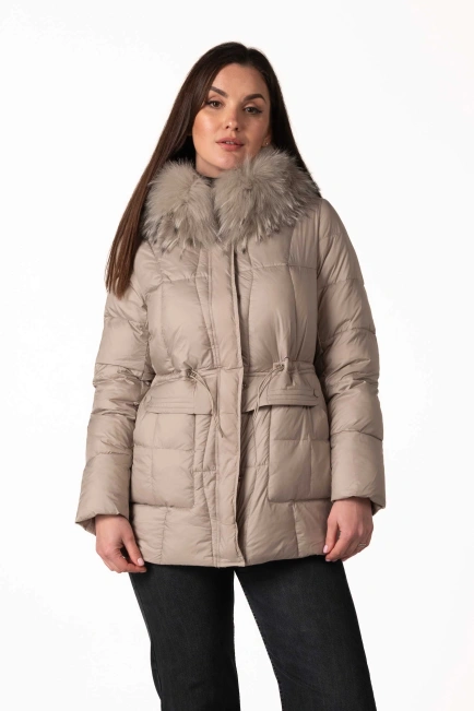 Сірий біопуховик з відстібним капюшоном з хутром-4