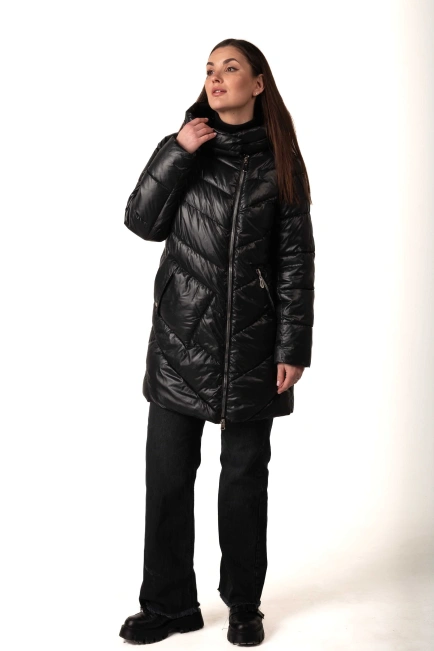 Жіночий чорний біопуховик з накладною кишенею-10