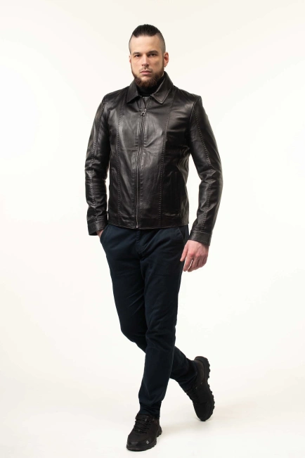 Шкіряна куртка чоловіча коричнева з комірцем-5