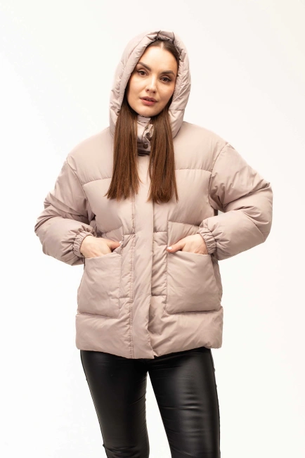 Жіночий бежевий біопуховик на холодну зиму-4