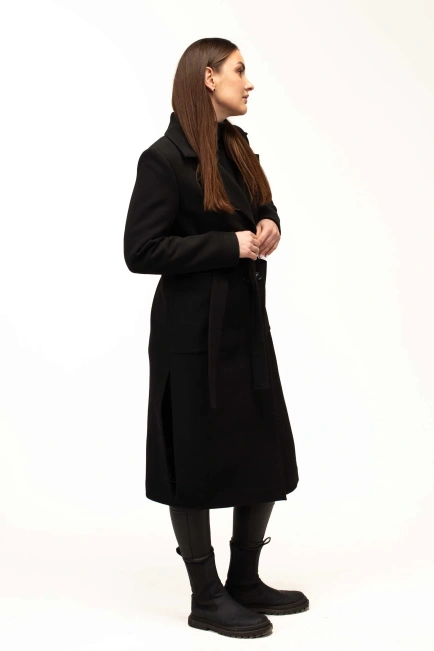 Женское чёрное пальто под пояс длинное-7