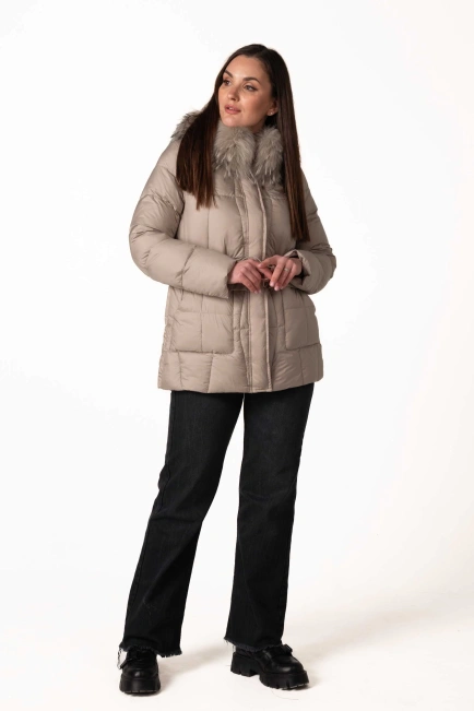 Сірий біопуховик з відстібним капюшоном з хутром-9