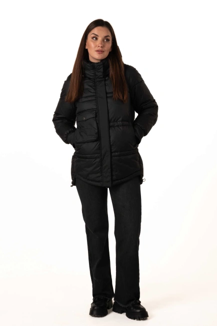 Чорний біопуховик з капюшоном і кулісками-8