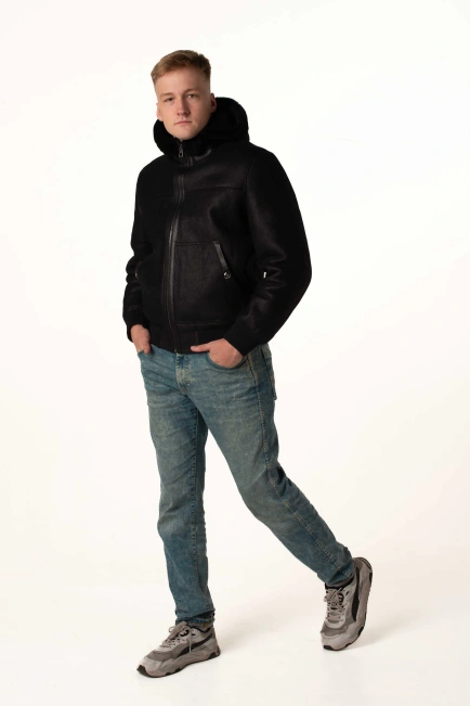 Чоловіча дублянка-бомбер з капюшоном-4