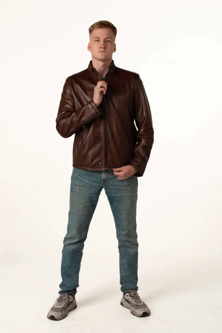 Чоловіча шкіряна куртка пряма коричнева-5