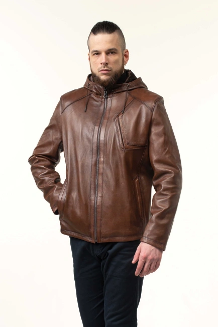 Шкіряна куртка чоловіча з кишенею на грудях-10