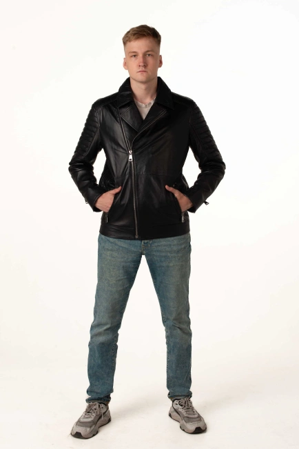 Чоловіча шкіряна куртка-косуха чорна-5