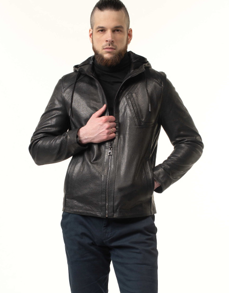 Мужская кожаная куртка с капюшоном