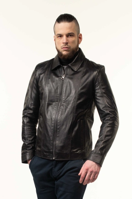 Шкіряна куртка чоловіча коричнева з комірцем-10