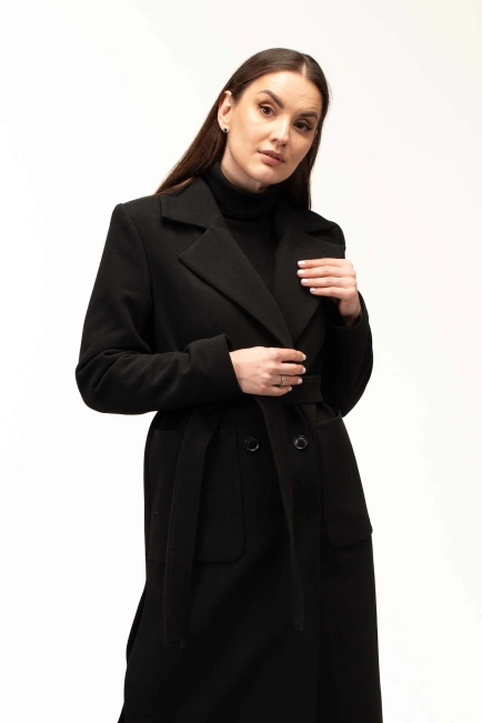 Женское чёрное пальто под пояс длинное-4