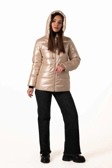 Бежевий біопуховик з капюшоном для зими-5