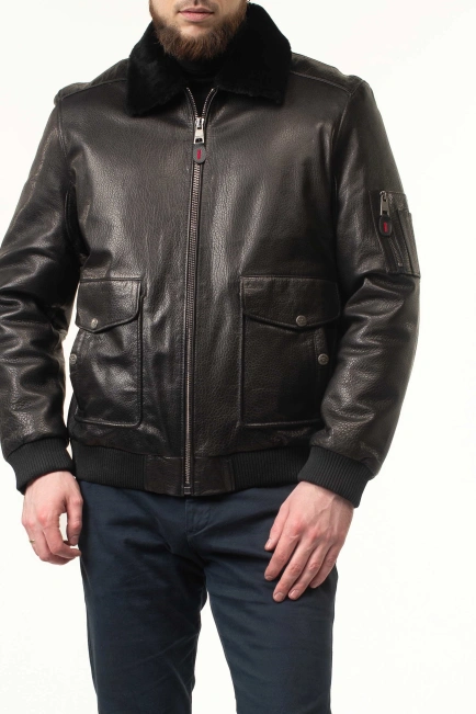 Шкіряна дублянка-бомбер з хутряним коміром-9