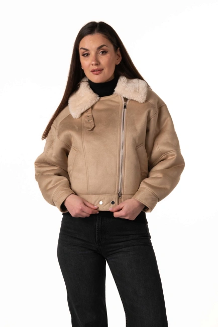 Жіноча екодублянка-бомбер бежевого кольору-4