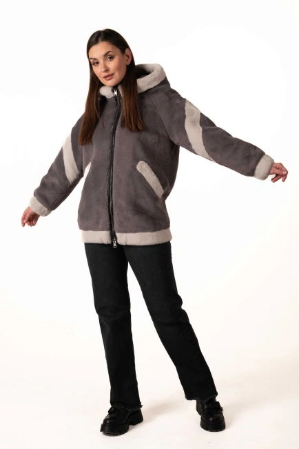 Шуба з екохутра сіра зі світлими вставками-8