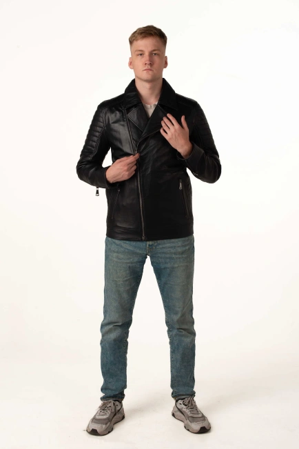 Чоловіча шкіряна куртка-косуха чорна-7