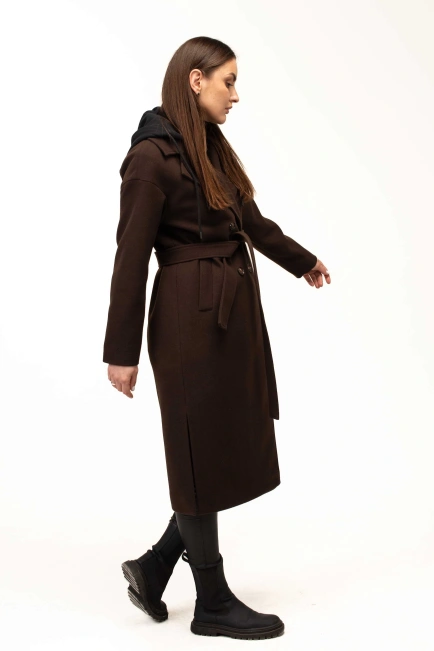 Женское коричневое пальто с чёрным капюшоном-7