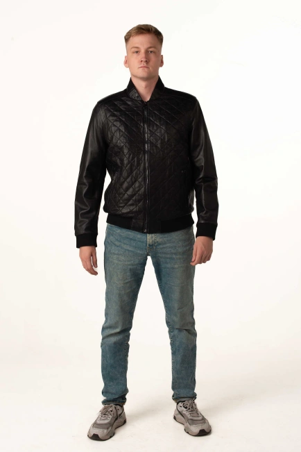 Чоловіча шкіряна куртка-бомбер чорна-2