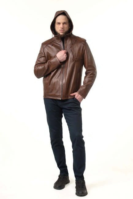 Шкіряна куртка чоловіча з кишенею на грудях-3