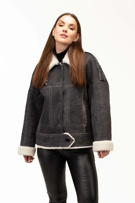 Жіноча сіра дублянка з комірцем з овчини-1