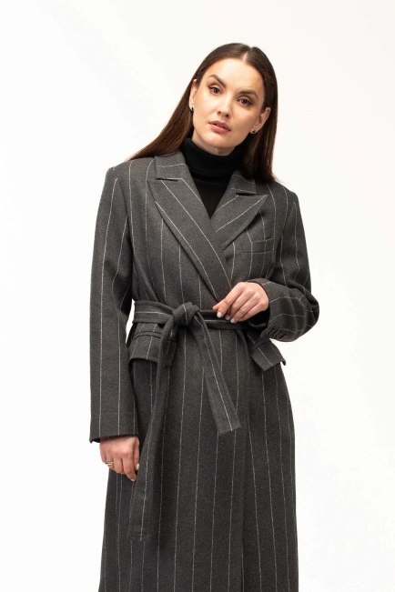 Жіноче пальто сіре в білу тонку смужку-1