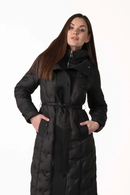 Пуховик з натуральним пухом, капюшоном та поясом-4