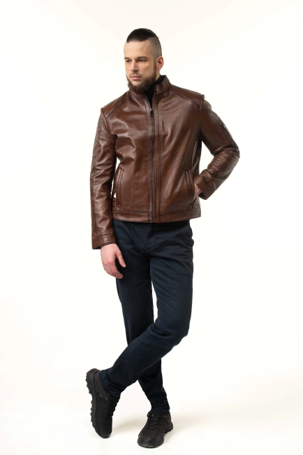 Шкіряна куртка чоловіча коричнева з прострочками-9