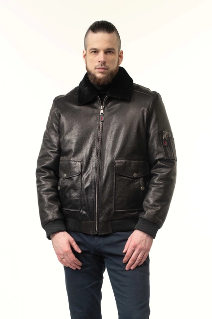 Шкіряна дублянка-бомбер з хутряним коміром-4