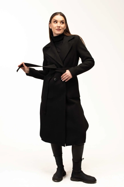 Женское чёрное пальто под пояс длинное-10