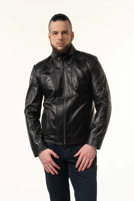 Чорна шкіряна куртка чоловіча з прострочками-9