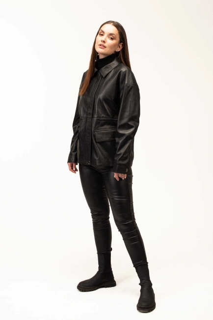 Женская чёрная кожаная куртка-тренч-5