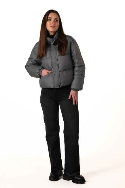 Жіночий укорочений біопуховик темна бірюза-2