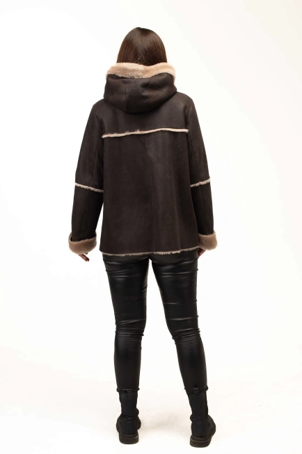 Жіноча кавова дублянка з теплим капюшоном-2