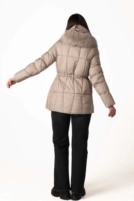 Сірий біопуховик з відстібним капюшоном з хутром-2