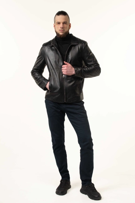 Чоловіча шкіряна куртка чорна гладка-3