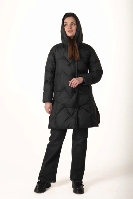 Довгий чорний біопуховик із розрізами з боків-9