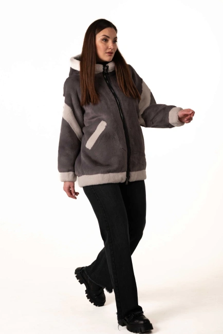 Шуба з екохутра сіра зі світлими вставками-7