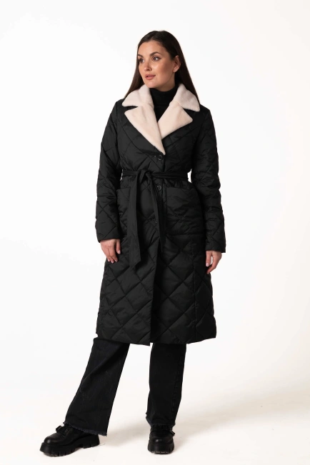 Чорний біопуховик з англійським коміром та поясом-10