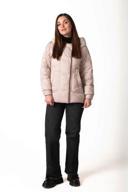 Біопуховик з екохутром світлий беж-6