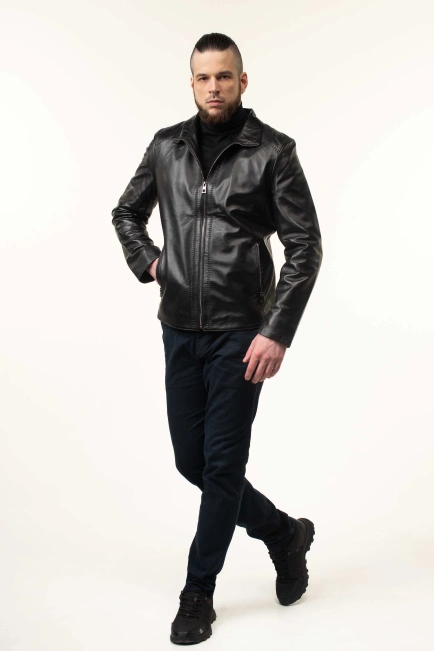 Чоловіча шкіряна куртка чорна гладка-5