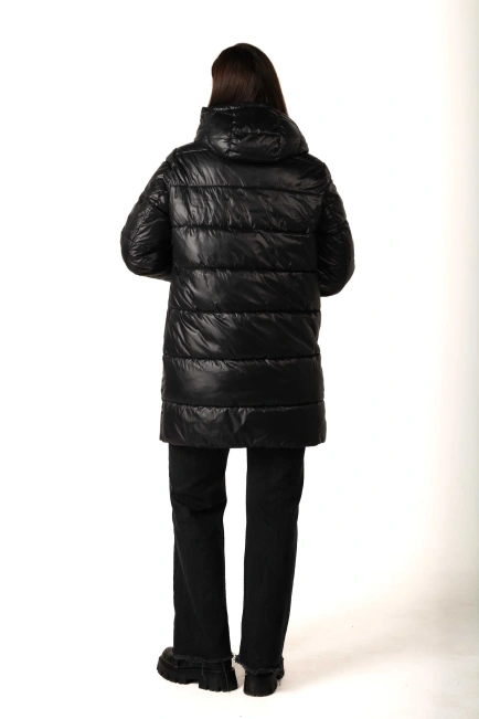 Жіночий чорний біопуховик з накладною кишенею-2