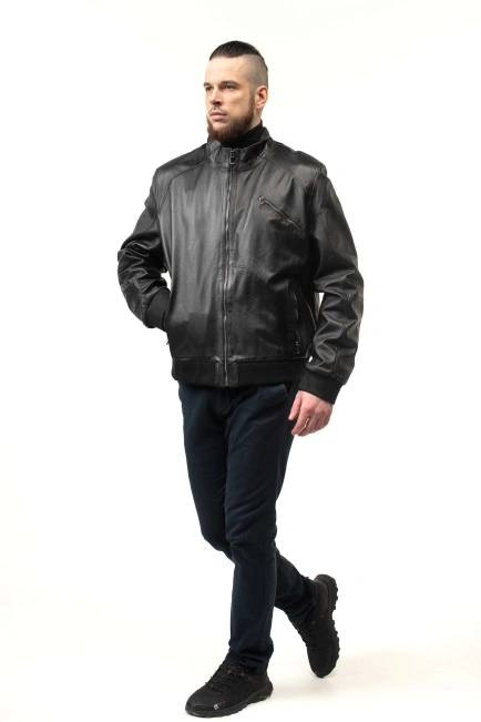 Чоловіча шкіряна куртка-бомбер з кишенями-5