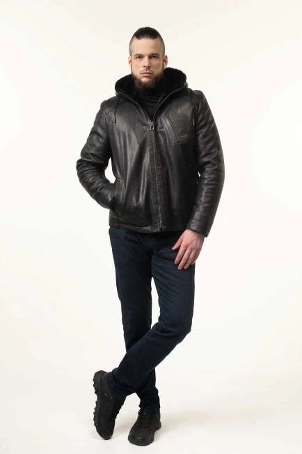 Шкіряна дублянка з капюшоном зимова-6