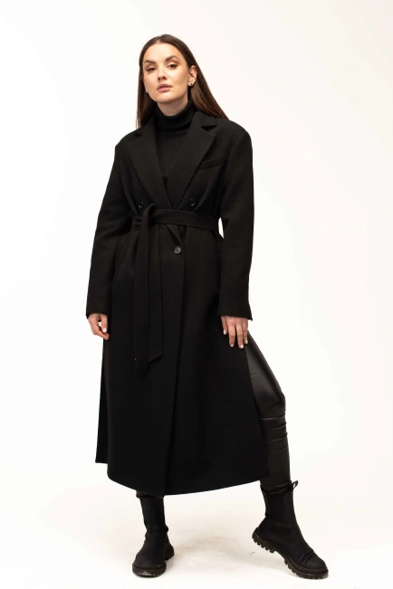 Жіноче пальто чорне з поясом довге-3