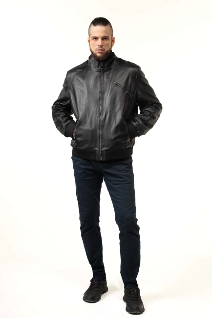 Чоловіча шкіряна куртка-бомбер з кишенями-3