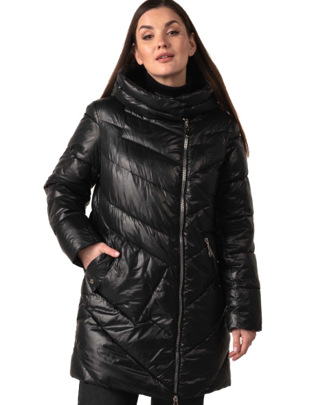 Жіночий чорний біопуховик з накладною кишенею