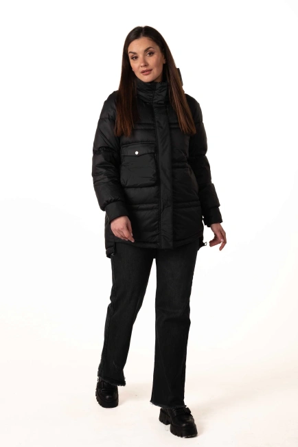 Чорний біопуховик з капюшоном і кулісками-9
